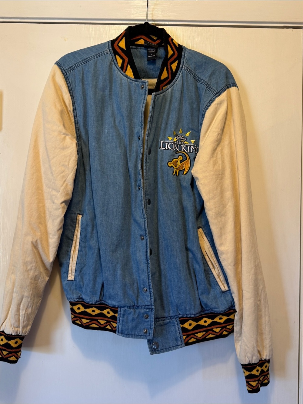 The Lion King Denim Bomber Jacket with Cream Sleeves Sz Small Sold Out